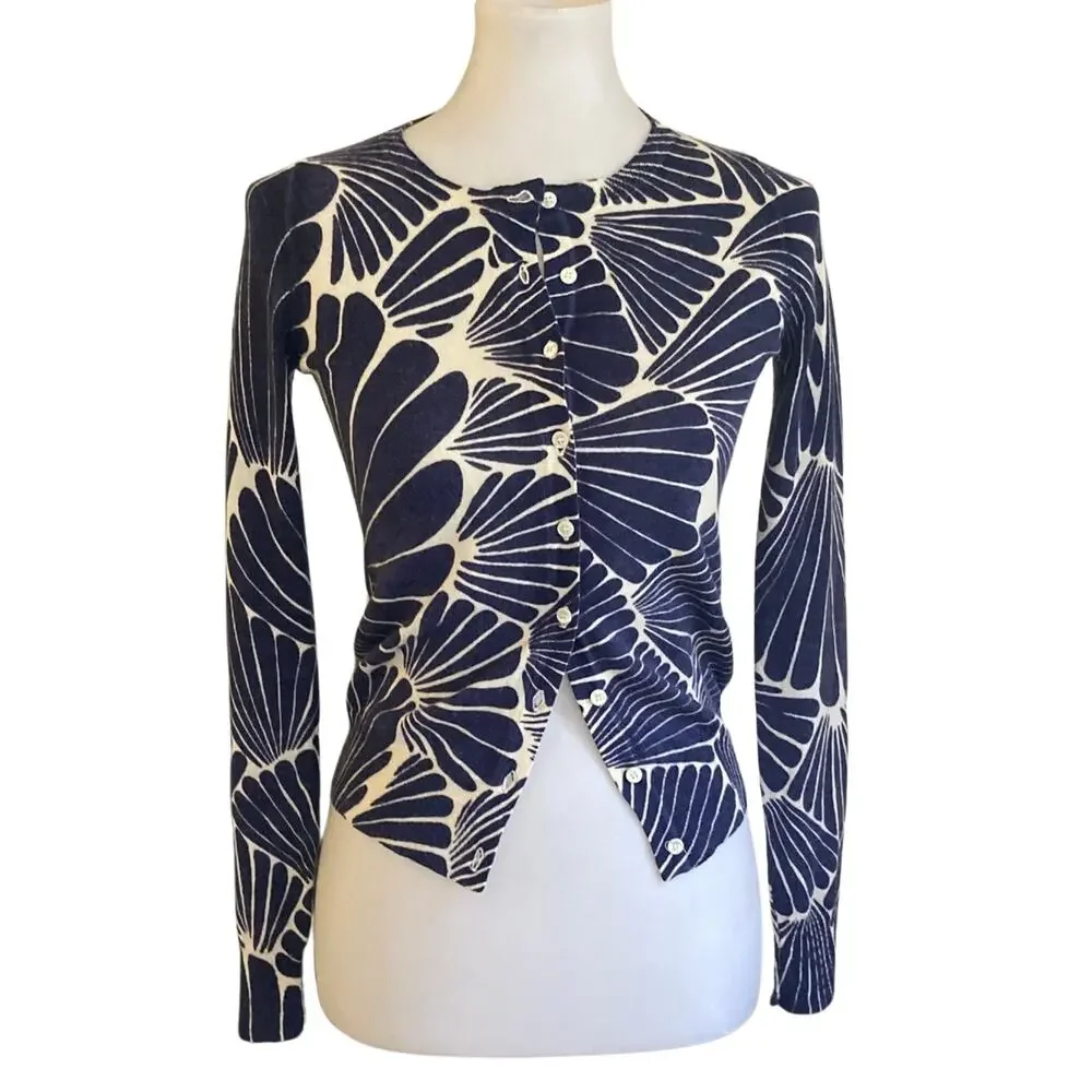 Classic Botanical Merino Wool Cardigan Navy and White, XS